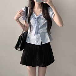 ツーピース 【SET着用可能】リボン半袖ブラウス テニススカート(5color) SKY BLUE-TOP