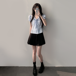 ツーピース 【SET着用可能】リボン半袖ブラウス テニススカート(5color) SKY BLUE-TOP