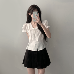 ツーピース 【SET着用可能】リボン半袖ブラウス テニススカート(5color) IVORY-TOP