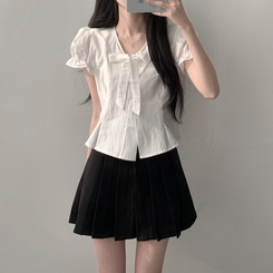 ツーピース 【SET着用可能】リボン半袖ブラウス テニススカート(5color) IVORY-TOP