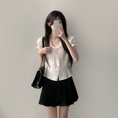 ツーピース 【SET着用可能】リボン半袖ブラウス テニススカート(5color) IVORY-TOP