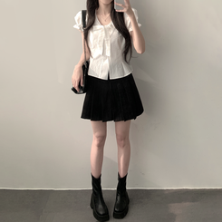 ツーピース 【SET着用可能】リボン半袖ブラウス テニススカート(5color) IVORY-TOP