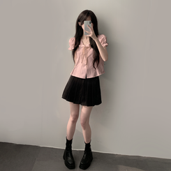 ツーピース 【SET着用可能】リボン半袖ブラウス テニススカート(5color) PINK-TOP