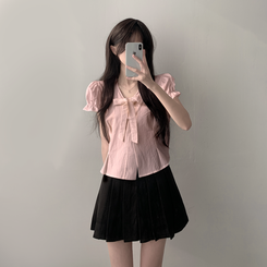 ツーピース 【SET着用可能】リボン半袖ブラウス テニススカート(5color) PINK-TOP