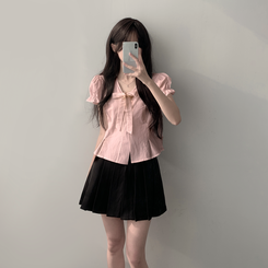 ツーピース 【SET着用可能】リボン半袖ブラウス テニススカート(5color) PINK-TOP