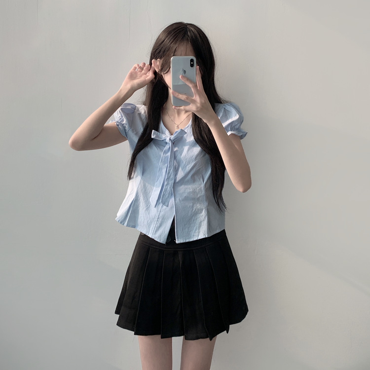【SET着用可能】リボン半袖ブラウス テニススカート(5color) SKY BLUE-TOP
