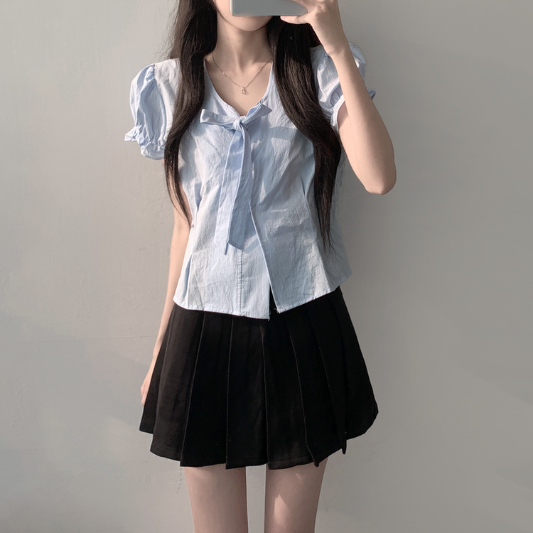 【SET着用可能】リボン半袖ブラウス テニススカート(5color) SKY BLUE-TOP