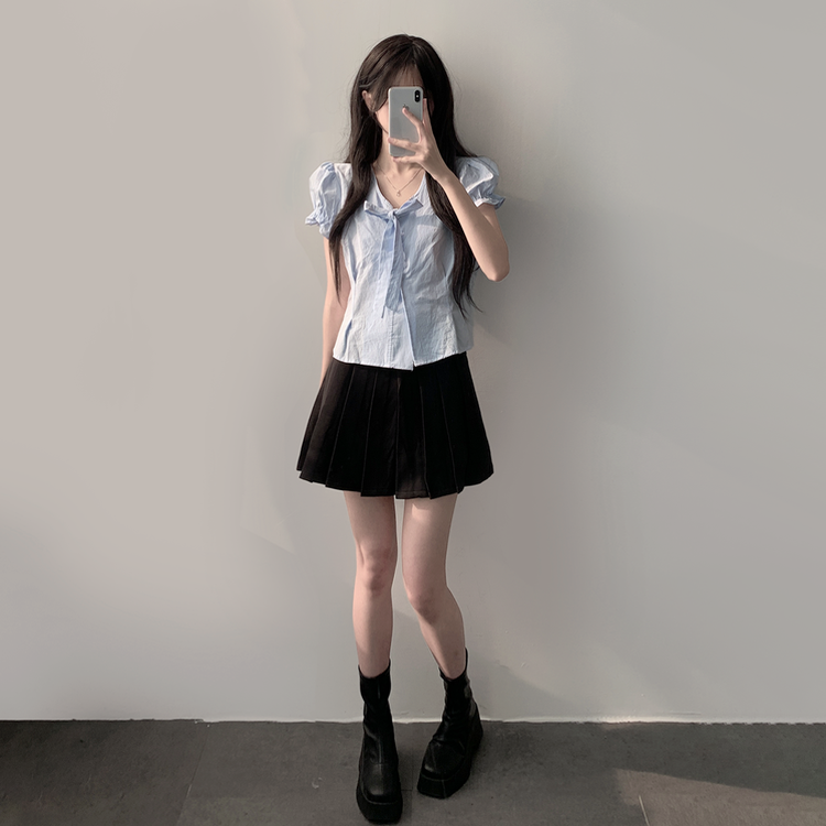 【SET着用可能】リボン半袖ブラウス テニススカート(5color) SKY BLUE-TOP