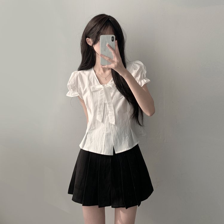 【SET着用可能】リボン半袖ブラウス テニススカート(5color) IVORY-TOP