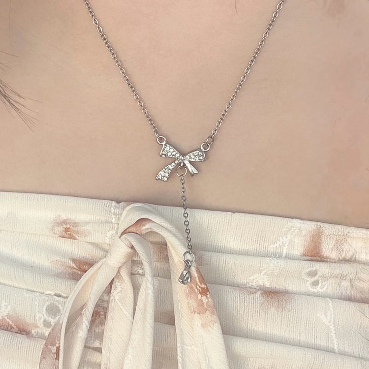 리본 다이아드롭 목걸이 실버