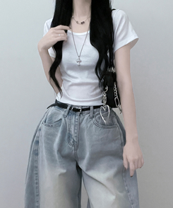 半袖Tシャツ 無地Uネッククロップ半袖Tシャツ(5color) IVORY