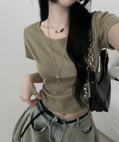 半袖Tシャツ 無地Uネッククロップ半袖Tシャツ(5color) KHAKI