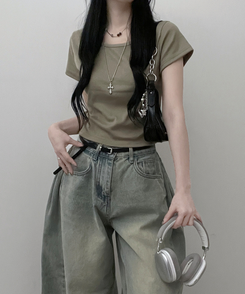 半袖Tシャツ 無地Uネッククロップ半袖Tシャツ(5color) KHAKI