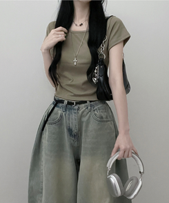 半袖Tシャツ 無地Uネッククロップ半袖Tシャツ(5color) KHAKI
