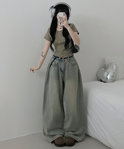 半袖Tシャツ 無地Uネッククロップ半袖Tシャツ(5color) KHAKI