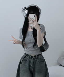 半袖Tシャツ 無地Uネッククロップ半袖Tシャツ(5color) GREY