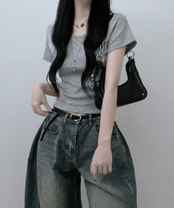 半袖Tシャツ 無地Uネッククロップ半袖Tシャツ(5color) GREY