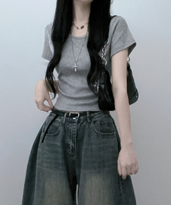 半袖Tシャツ 無地Uネッククロップ半袖Tシャツ(5color) GREY