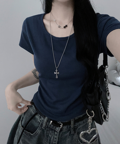 半袖Tシャツ 無地Uネッククロップ半袖Tシャツ(5color) NAVY