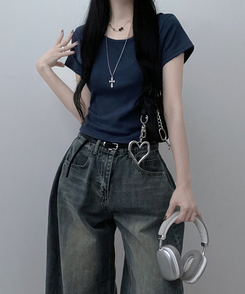 半袖Tシャツ 無地Uネッククロップ半袖Tシャツ(5color) NAVY