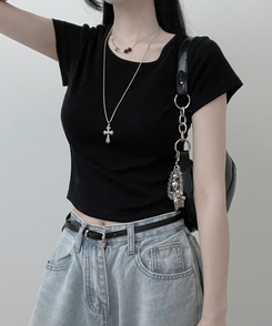 半袖Tシャツ 無地Uネッククロップ半袖Tシャツ(5color) BLACK