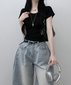 半袖Tシャツ 無地Uネッククロップ半袖Tシャツ(5color) BLACK
