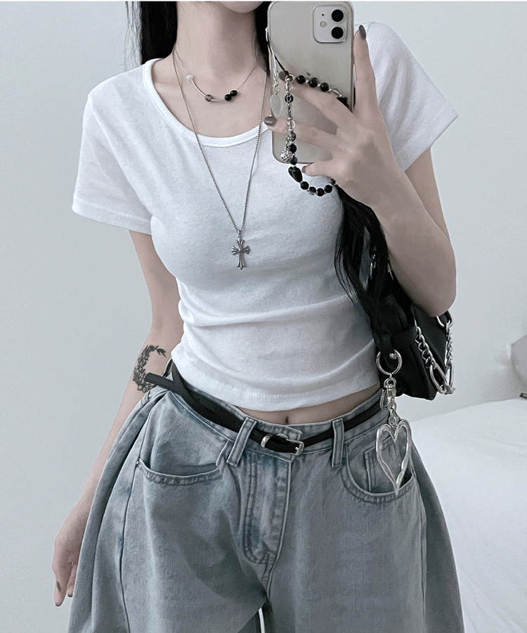 無地Uネッククロップ半袖Tシャツ(5color) IVORY