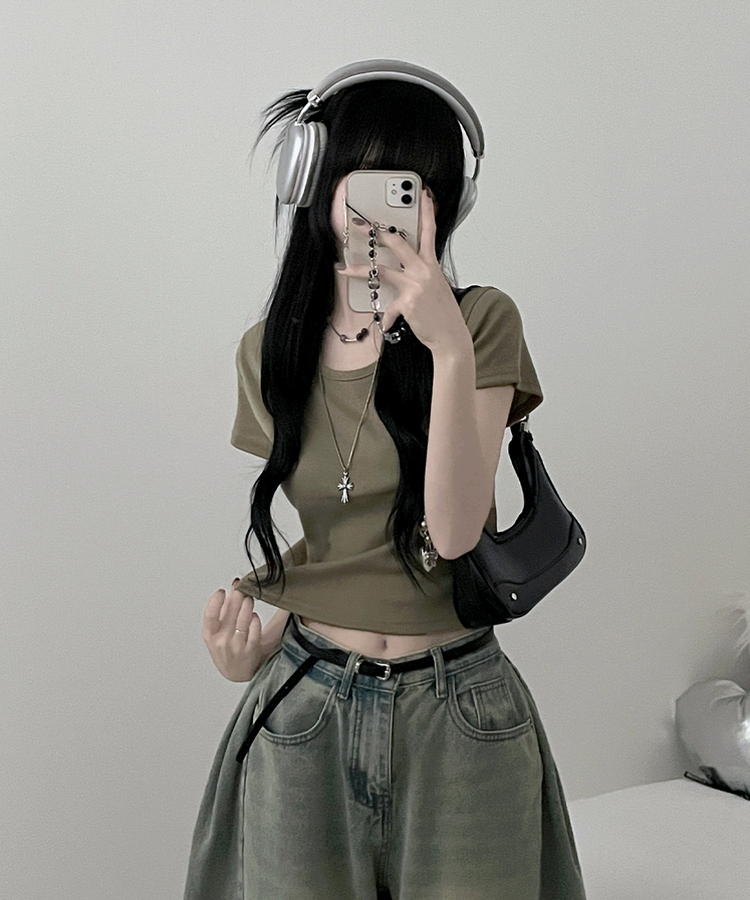 無地Uネッククロップ半袖Tシャツ(5color) KHAKI