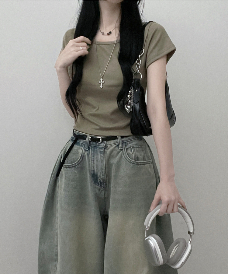 無地Uネッククロップ半袖Tシャツ(5color) KHAKI