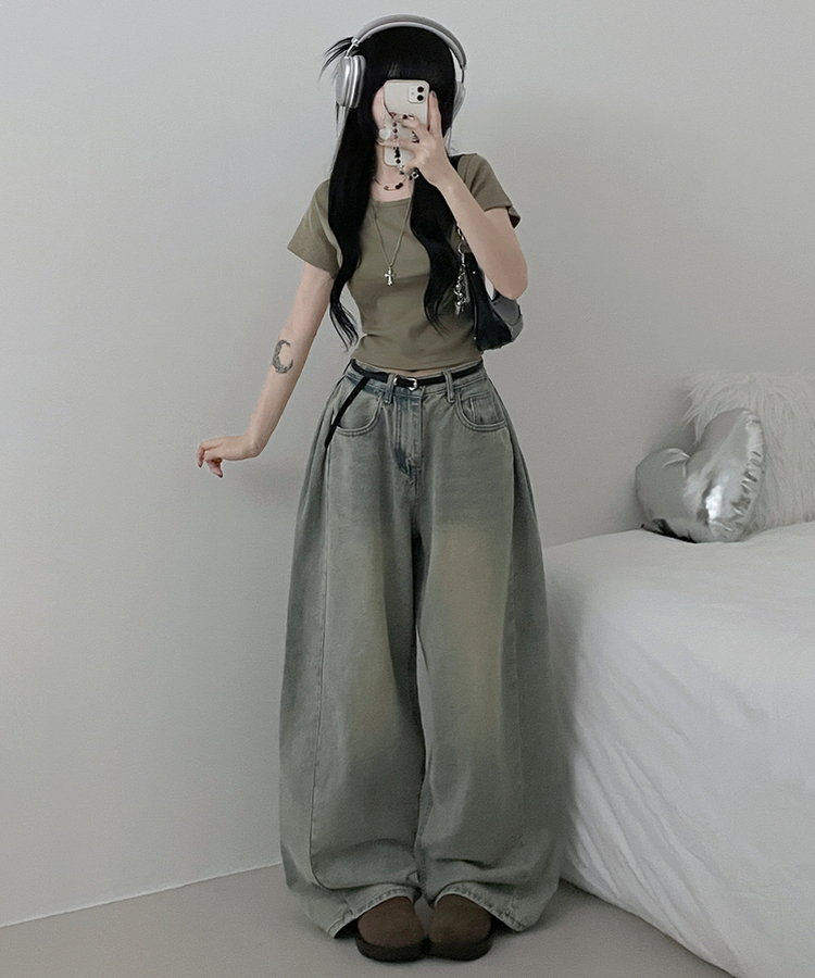 無地Uネッククロップ半袖Tシャツ(5color) KHAKI