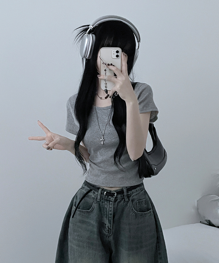 無地Uネッククロップ半袖Tシャツ(5color) GREY
