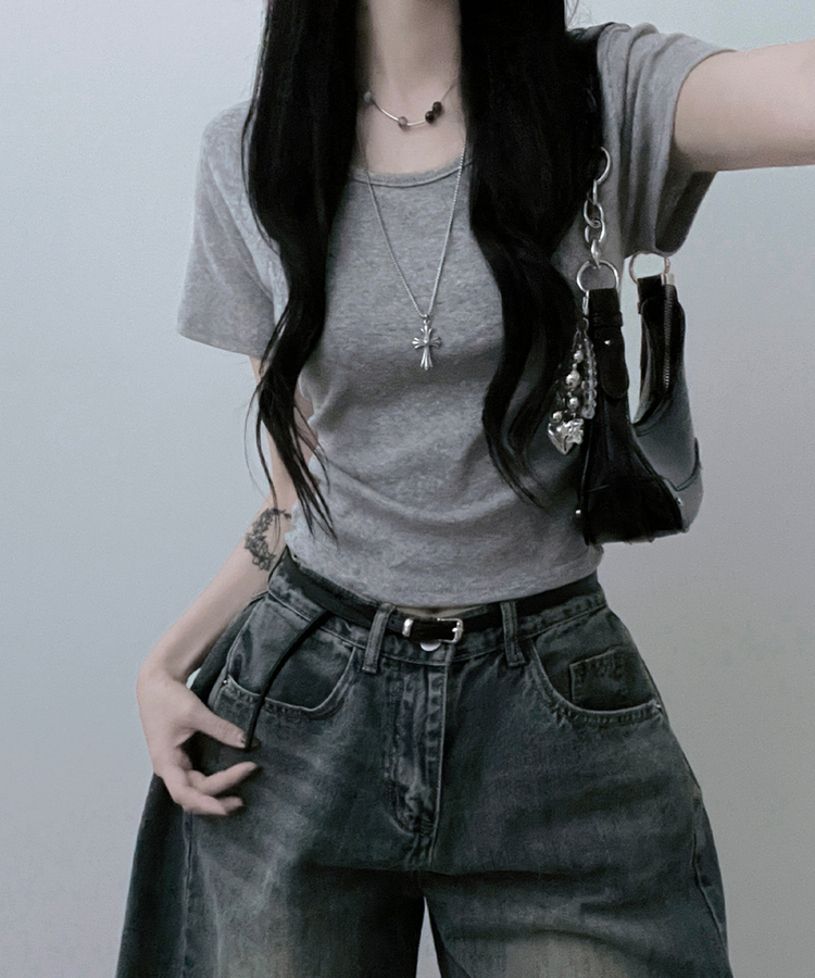 半袖Tシャツ 無地Uネッククロップ半袖Tシャツ(5color) GREY
