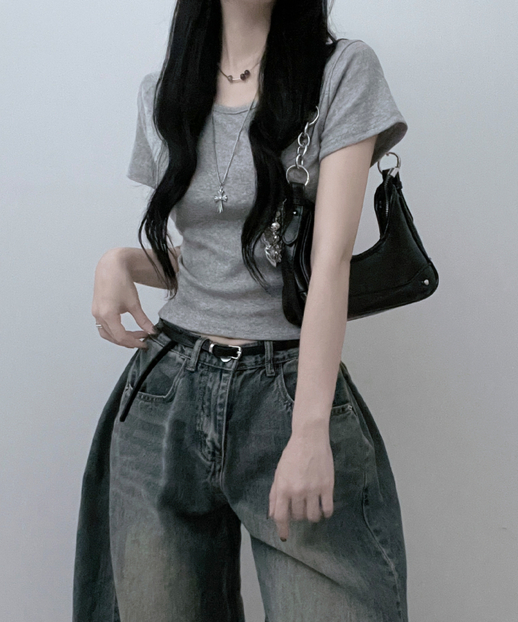 無地Uネッククロップ半袖Tシャツ(5color) GREY