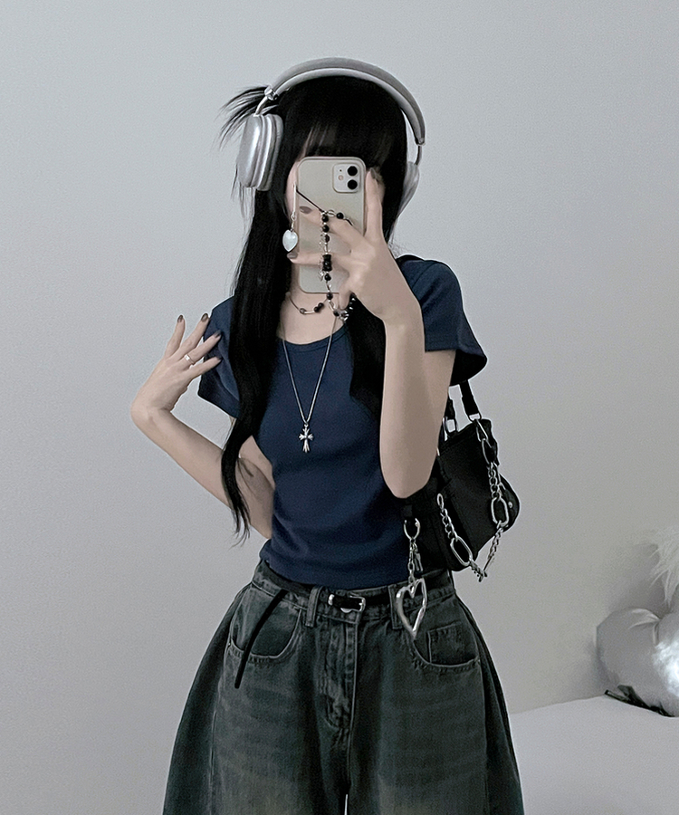 無地Uネッククロップ半袖Tシャツ(5color) NAVY