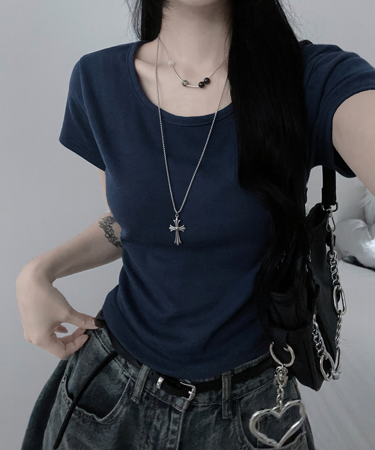 無地Uネッククロップ半袖Tシャツ(5color) NAVY