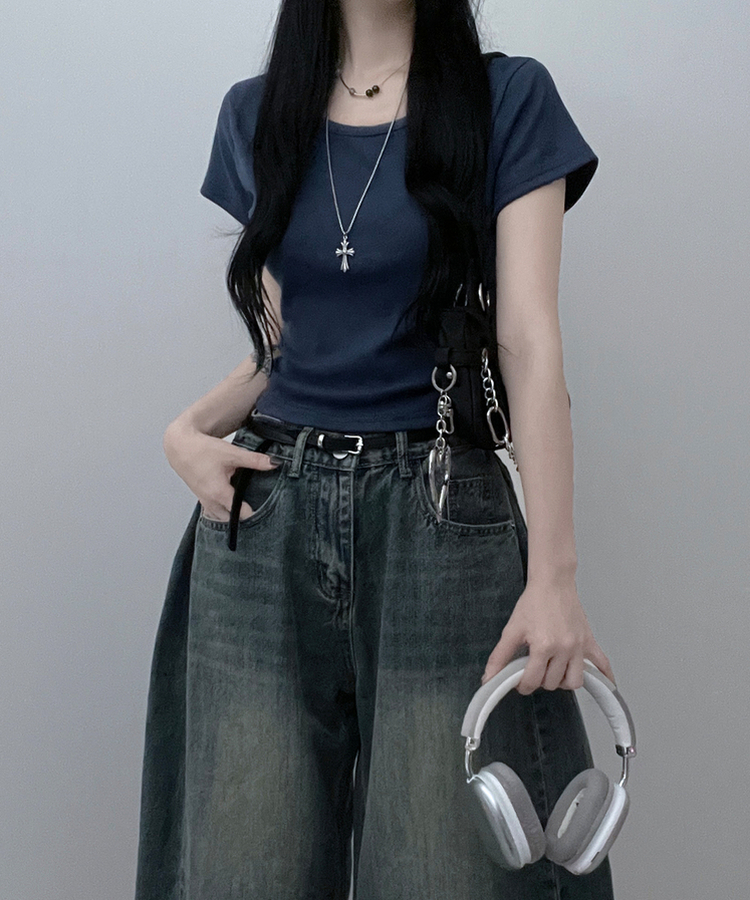 無地Uネッククロップ半袖Tシャツ(5color) NAVY