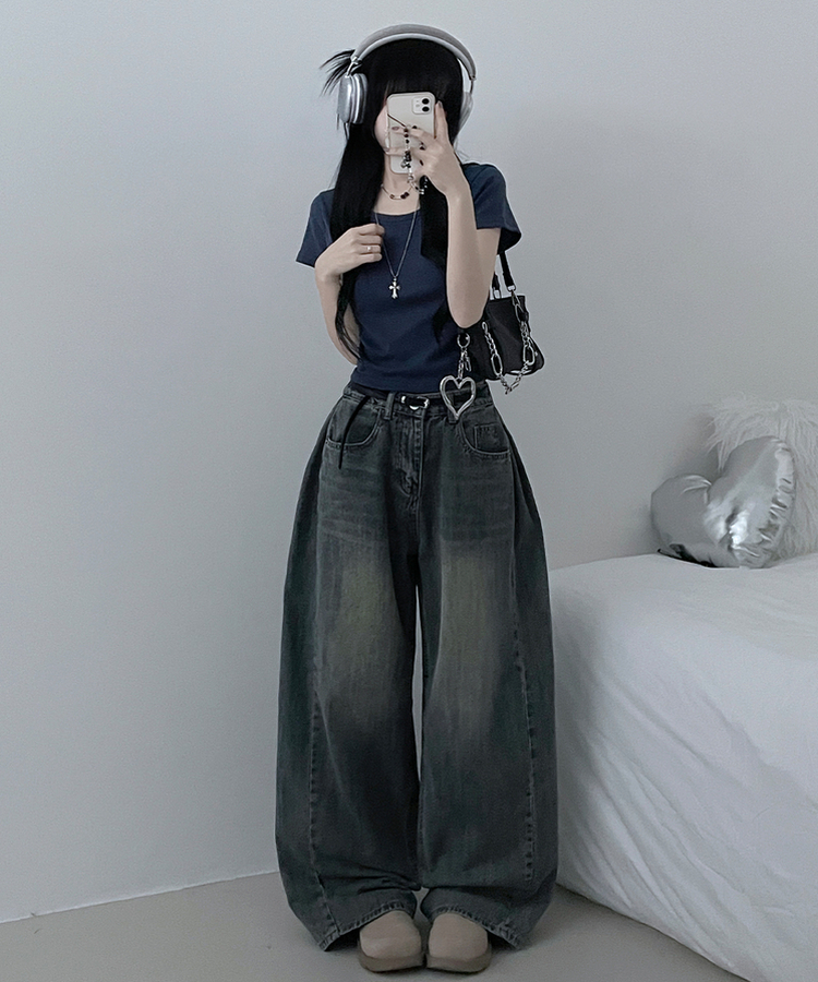 無地Uネッククロップ半袖Tシャツ(5color) NAVY
