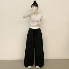 [하체완벽커버?] 레이스 라인 스포티스파이스 밴딩 와이드 배색 트레이닝 롱팬츠 블랙