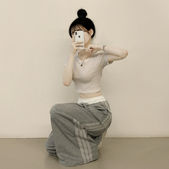 [하체완벽커버?] 레이스 라인 스포티스파이스 밴딩 와이드 배색 트레이닝 롱팬츠 그레이