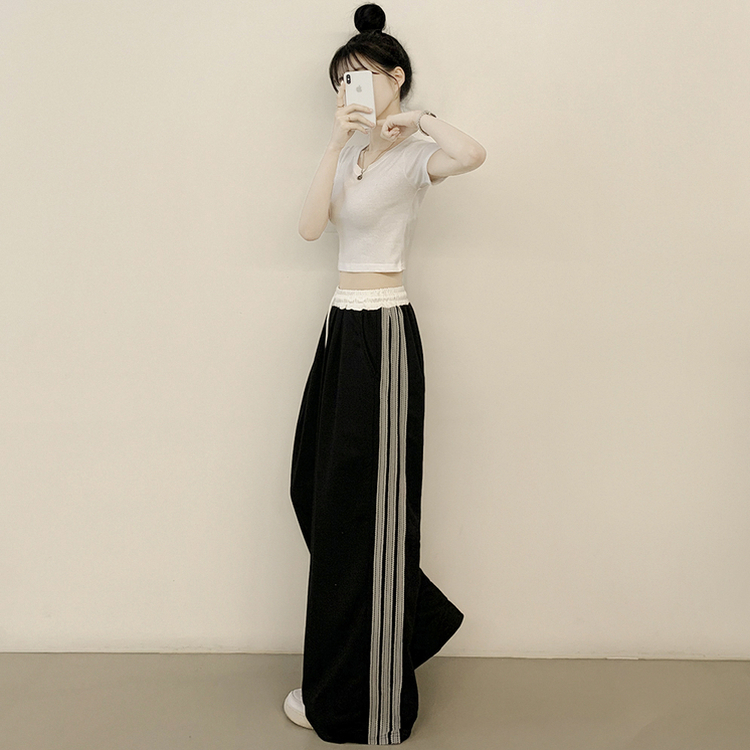 [하체완벽커버?] 레이스 라인 스포티스파이스 밴딩 와이드 배색 트레이닝 롱팬츠 블랙