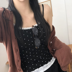 [캡내장!라인잡아주는!]도트 땡땡이 날씬여리핏 슬립 캡 레이스 쫀쫀 끈나시 2color 블랙