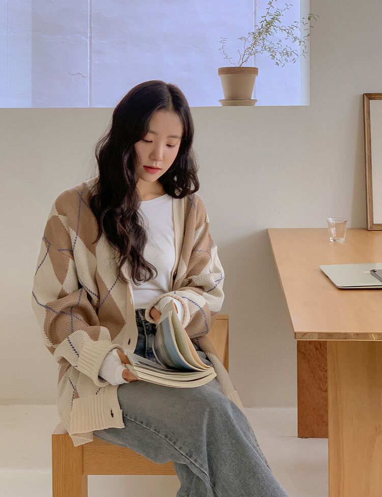 アーガイルロングカーディガン｜カーディガン｜韓国ファッション