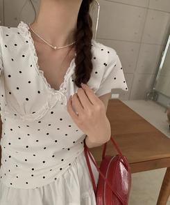 半袖Tシャツ Vネックレースドット半袖Tシャツ WHITE