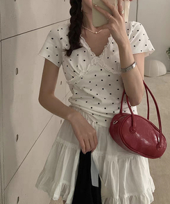 半袖Tシャツ Vネックレースドット半袖Tシャツ WHITE