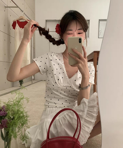 半袖Tシャツ Vネックレースドット半袖Tシャツ WHITE
