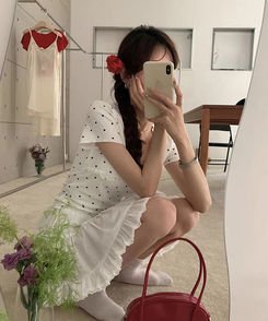 半袖Tシャツ Vネックレースドット半袖Tシャツ WHITE