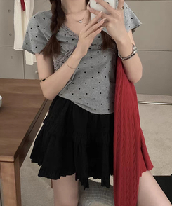 半袖Tシャツ Vネックレースドット半袖Tシャツ GREY