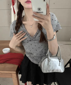 半袖Tシャツ Vネックレースドット半袖Tシャツ GREY