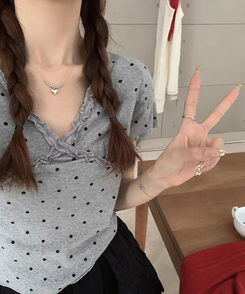 半袖Tシャツ Vネックレースドット半袖Tシャツ GREY