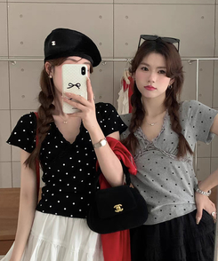 半袖Tシャツ Vネックレースドット半袖Tシャツ BLACK